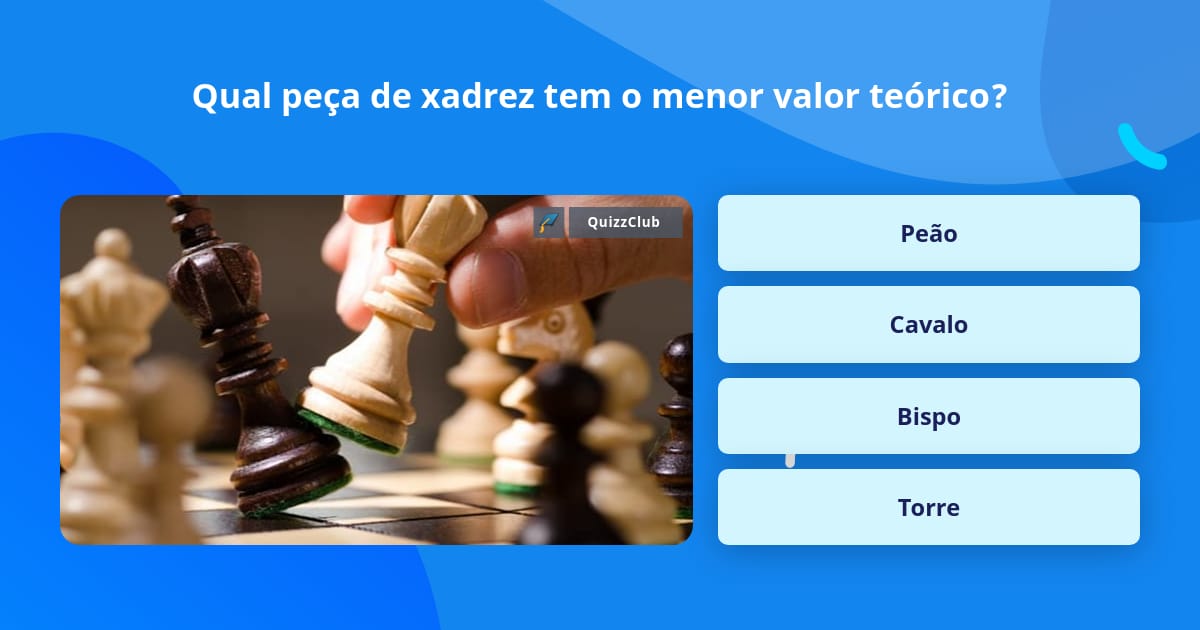 No xadrez cada peça tem o seu nome, um valor relativo, bem como a quantidade  peças que possui em cada 